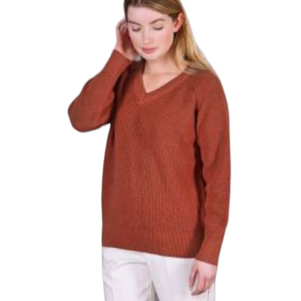 Paul James cotton ribbed v-neck sweater in rust hue size S